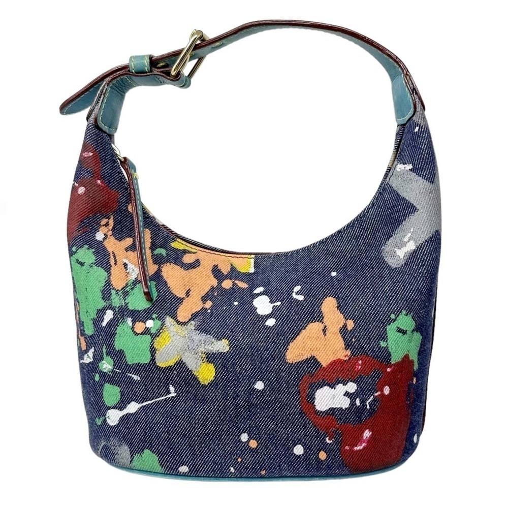 Vintage Dooney & Bourke RARE Denim Painted Graffiti Bag with Leather Top Handle - Picture 5 of 14
